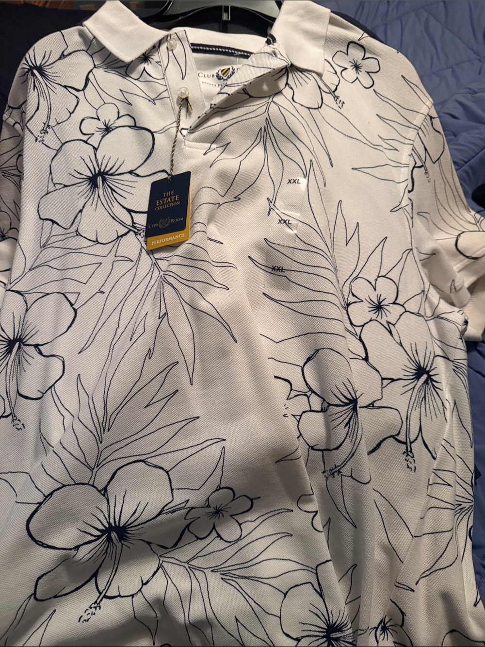 Club Room White Polo with Navy Floral Outline